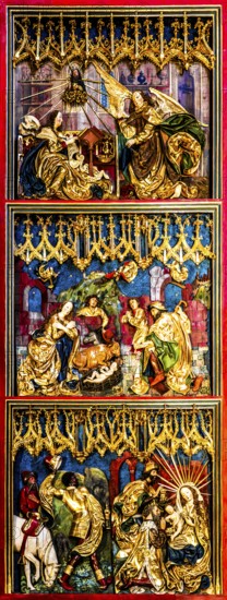 Left wing, Annunciation, Nativity, Adoration of the Magi, high altar, Veit Stoß, opened altarpiece,