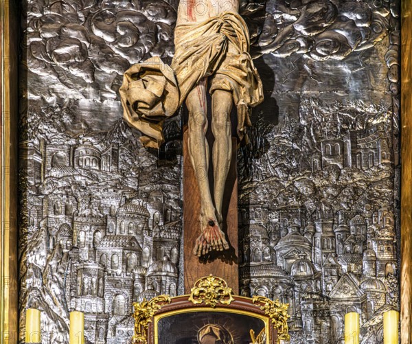 Altar with Christ sculpture, silverwork background, depicting Jerusalem, St. Mary's Church, 14th