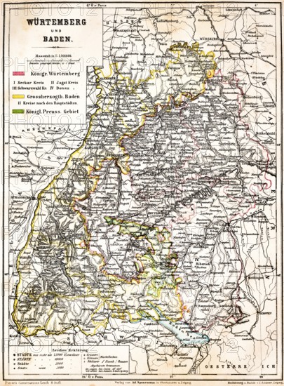 Colored topographic map of the Kingdom of Würtemberg and Grand Duchy of Baden, Royal Prussian