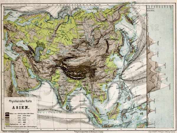Colored physical map of the continent of Asia, altitudes, mountains, plains, lowlands, glaciers,