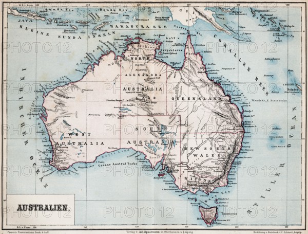 Color topographic map of the island of Australia, latitude, longitude, topography, Tasmania, Lesser