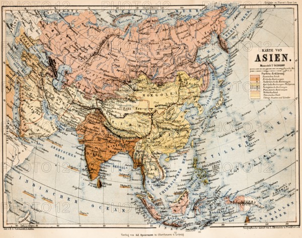 Coloured topographic map of the continent of Asia with European possessions during colonial times,