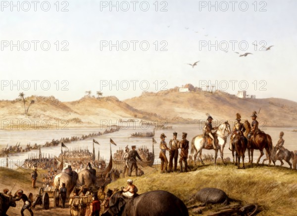 The British Army crossing the Sutlej River. First Anglo-Sikh War, 1845 The British army crossing