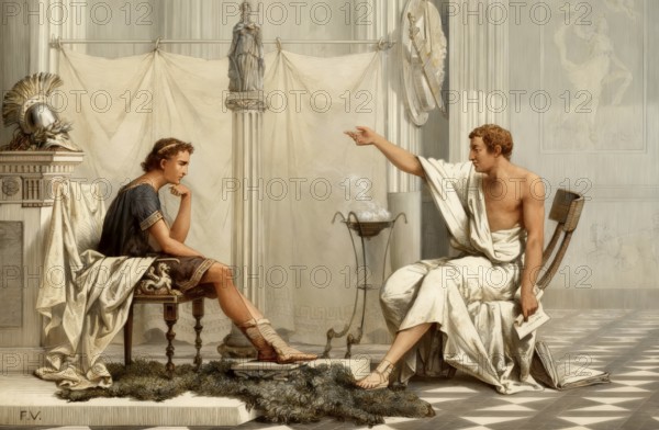 Aristotle tutoring Alexander the Great, royal Academy of Macedon