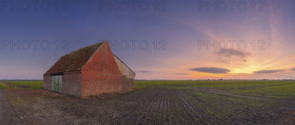 View of a field on which a rural building made of baked stone stands at sunset, Aschwarden,