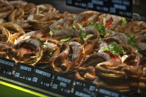 Ready butter pretzels on display at the train station, Nuremberg, Middle Franconia, Bavaria,