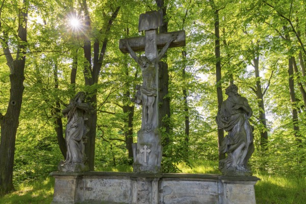 Old Way of the Cross with a group of figures of Christ on the Cross, next to Mary and John the