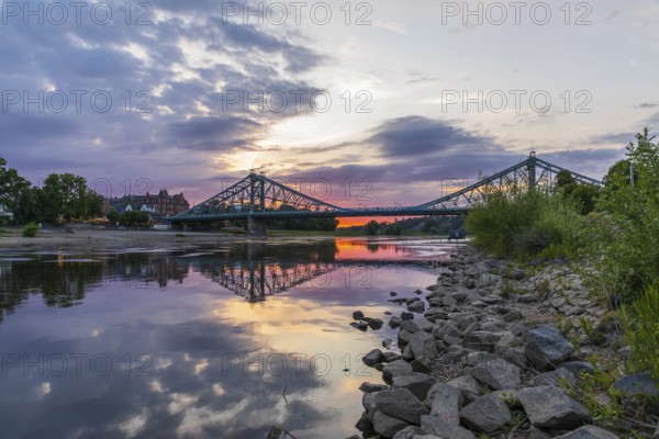 Blue Wonder bridge over the Elbe at sunset, Loschwitz, Dresden, Saxony, Germany