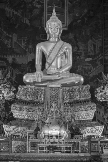 Golden Buddha statue, Bhumispara mudra, Buddha Gautama at the moment of enlightenment, Wat