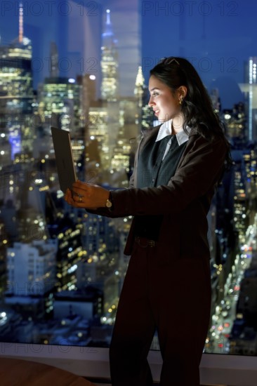 Young businesswoman standing by a high rise window, actively working on a laptop, with the