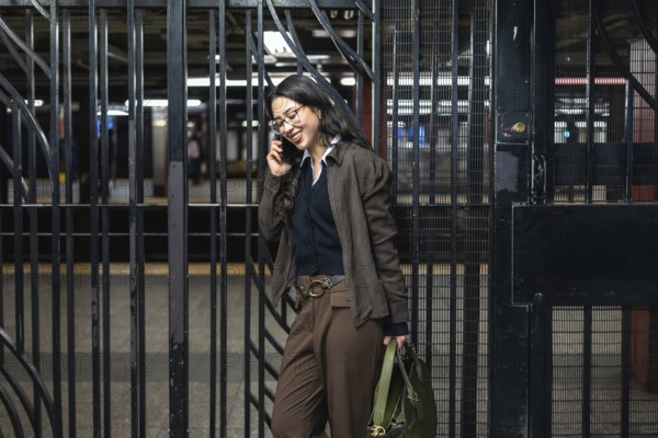 Young businesswoman standing by a subway gate, holding a bag, and smiling while having a phone