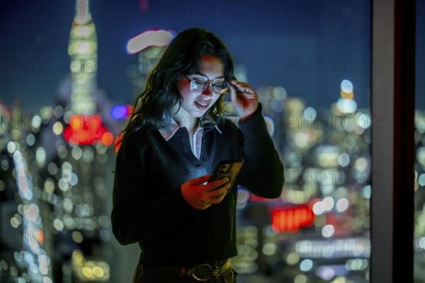 Young executive woman checking her mobile phone, adjusting her eyeglasses by a large window with a