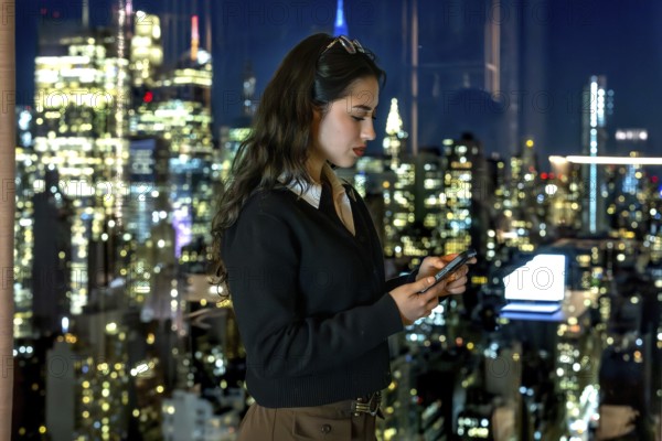 Young businesswoman standing by an office window, focused on her smartphone as the illuminated new