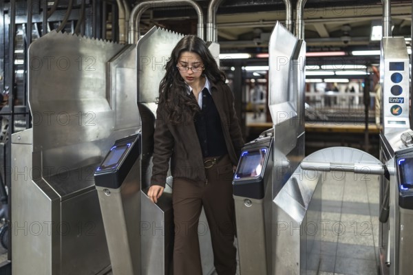Young professional woman with glasses and dark wavy hair passes a modern subway turnstile in