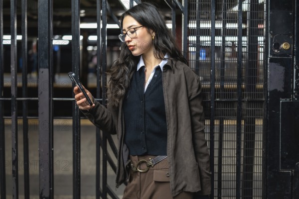 Young businesswoman standing in a new york city subway station, checking her mobile phone while