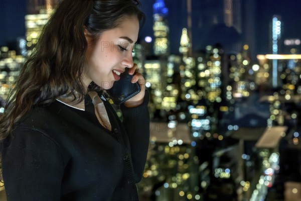 Young businesswoman smiling while talking on a mobile phone with a blurred illuminated new york