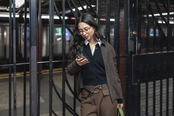 Young businesswoman with glasses checking her mobile phone while commuting in a manhattan subway