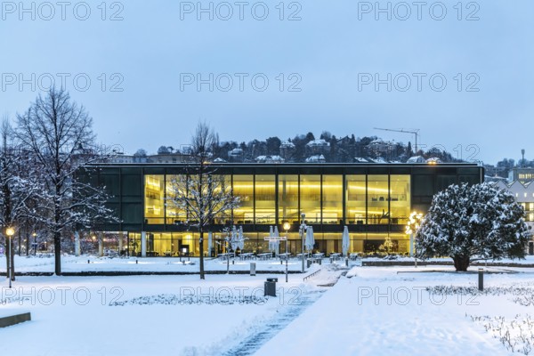 Exterior view of the state parliament building. Winter in Stuttgart. The city is wintry white early