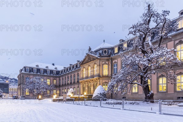New castle. Winter in Stuttgart. The city is wintry white early in the morning. Stuttgart,