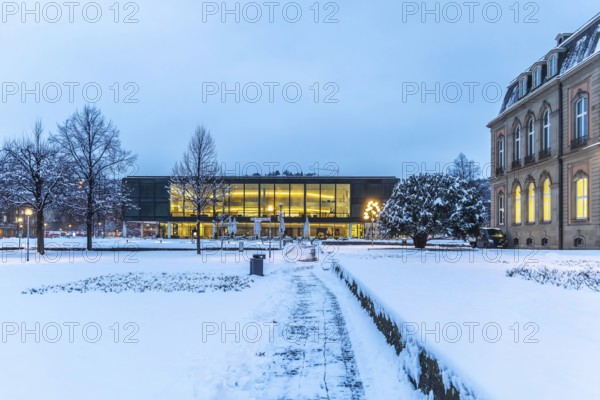 Exterior view of the state parliament building, the New Palace on the right. Winter in Stuttgart.