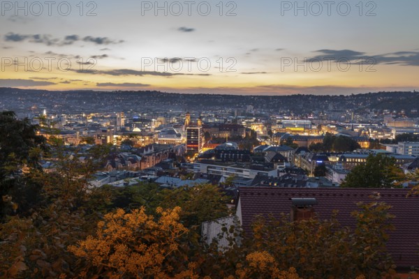 12 Sep 2018 at dusk, glowing city lights illuminate downtown with panoramic view. Stuttgart,