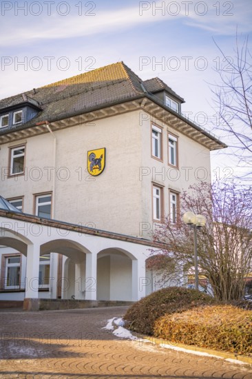 A traditional building with a coat of arms surrounded by winter landscape, fibreglass