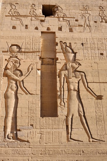 Relief of the falcon-headed god Horus and the goddess Hathor, temple of Philae, UNESCO World