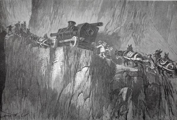 Settlers with carriages on a narrow mountain pass in Colorado, trek, 1880, America, authentic,