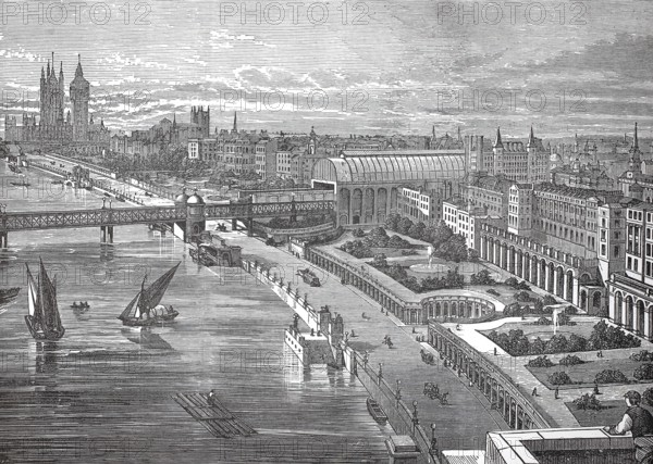 London, City and Thames, England, authentic, digitally restored reproduction from a 19th century