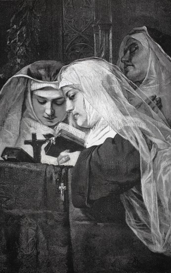 Nuns praying in a monastery, authentic, digitally restored reproduction from a 19th century model,