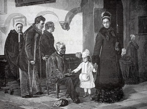 Family going to church, child giving alms to a beggar, charity, Germany, authentic, digitally