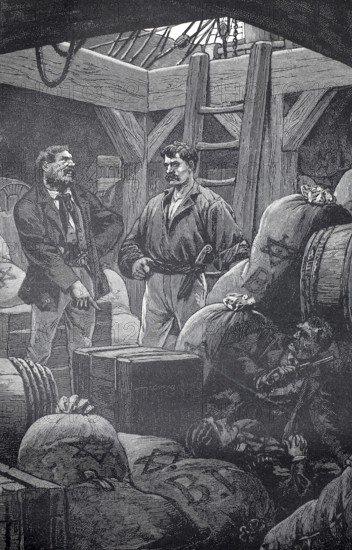The sailors have discovered that there are blind passengers hiding among the load, seafaring, 1880,