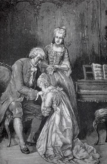 The daughter pays homage to the father and kisses his hand, the mother watches, 1880, France,