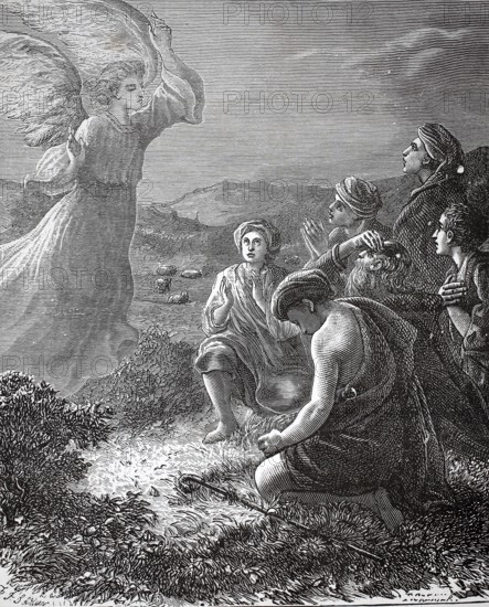 Angel appears to the shepherds in the Christmas story (Luke 2, 8-20) in the fields near Bethlehem,