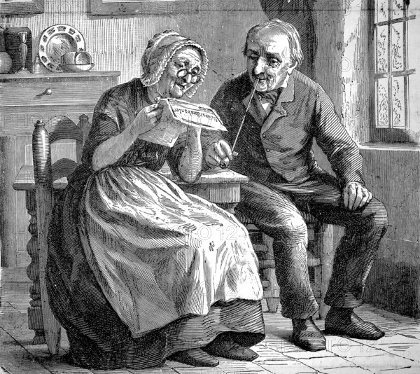 Grandparents, elderly couple sitting at the kitchen table, she reads from the newspaper, he smokes
