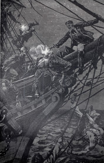 Battle of a group of pirates on a ship, they have already boarded the ship and the captain shoots a