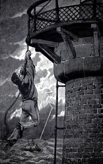 Between sky and ocean, man holding onto a rope attached to a lighthouse, authentic, digitally