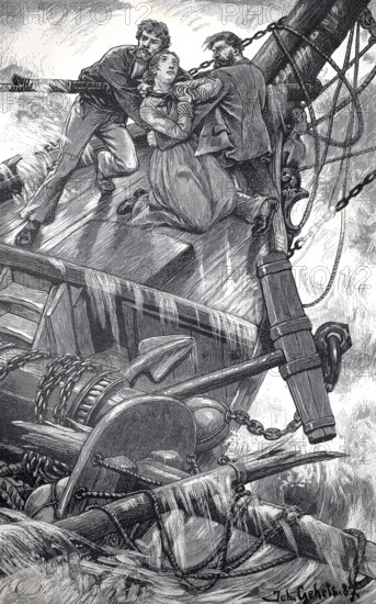 In distress at sea, ship is sinking, the sailors cling to the sailing mast, authentic, digitally