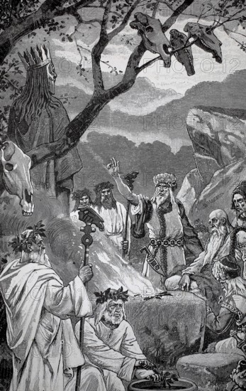 The Oath in Götterhain, a central ritual for those who believe in the Old Gods, 1887, authentic,