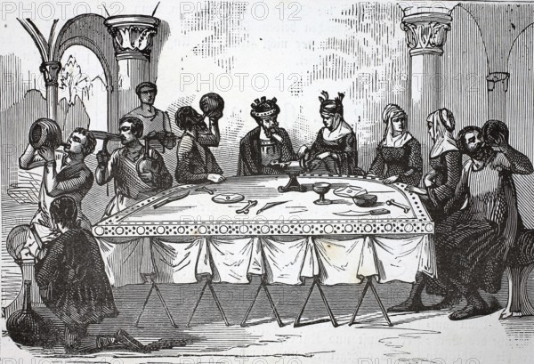 A meal of distinguished people in the Middle Ages, authentic, digitally restored reproduction from