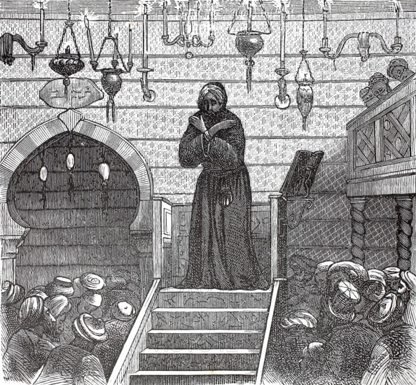 A praying imam in the mosque, authentic, digitally restored reproduction from a 19th-century model,