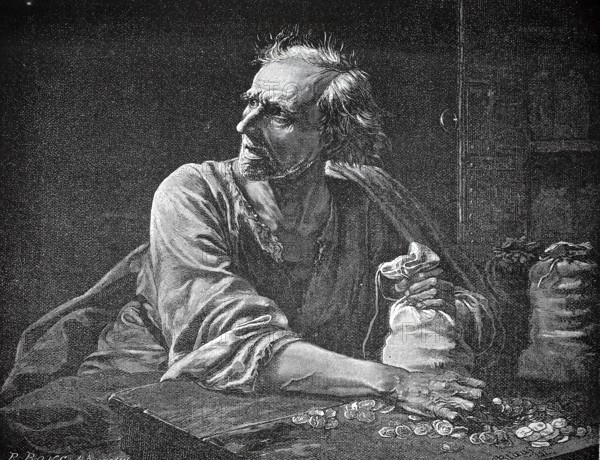 Old miser, man with bags full of money and coins on the table, authentic, digitally restored