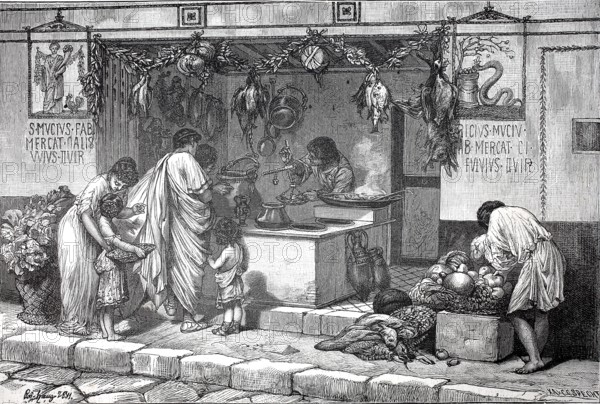 A shop in ancient Rome, Italy, authentic, digitally restored reproduction from a 19th century