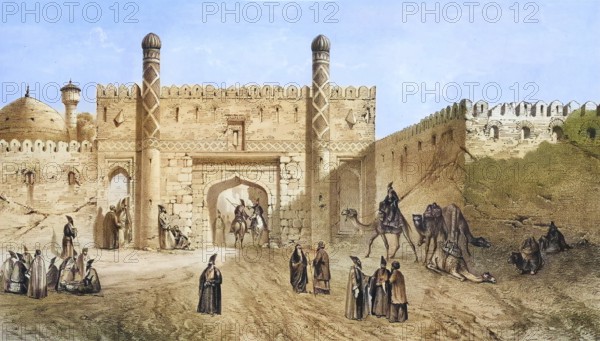 City gates in old Tehran, Iran, authentic, digitally restored reproduction from a 19th century