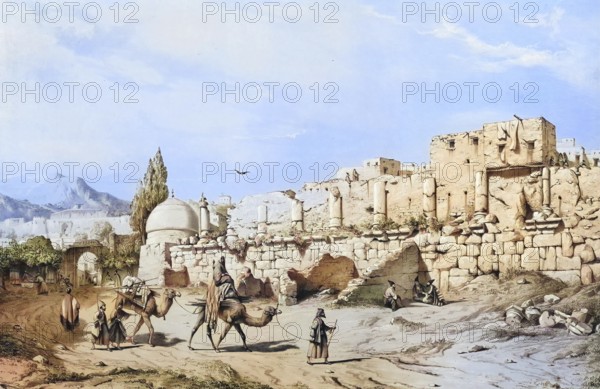Ruins of a Greek temple, in Kincavar Kingavar, also spelled Kangavar, Iran, authentic, digitally
