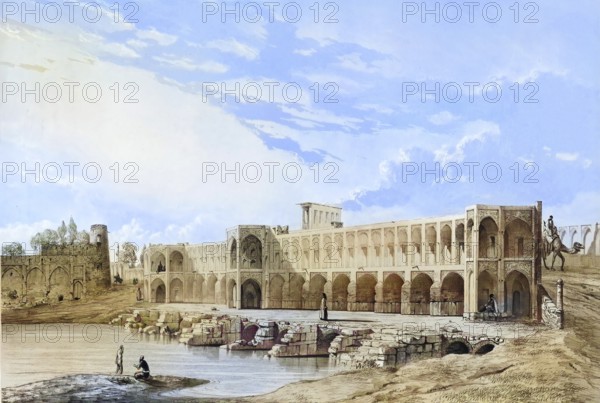 Pont Kadiou Bridge in Shiraz, Iran, authentic, digitally restored reproduction from a 19th century