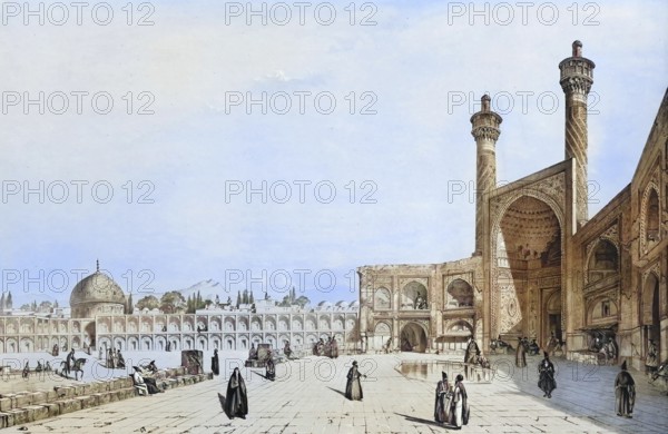 Entrance to the great mosque in Isfahan, Iran, authentic, digitally restored reproduction from a