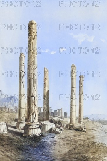 Ruins of Persepolis, Iran, authentic, digitally restored reproduction from a 19th century model by