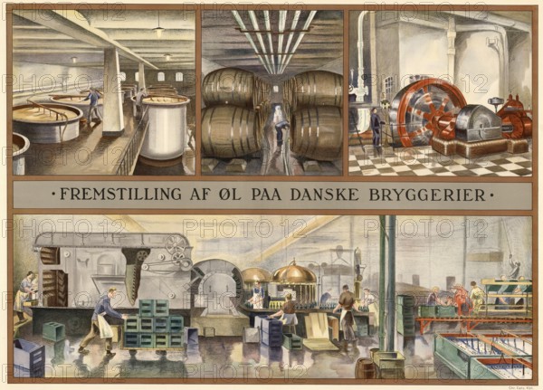 Traditional craft, beer production in a brewery in Denmark, 1930, illustration, reproduction from a