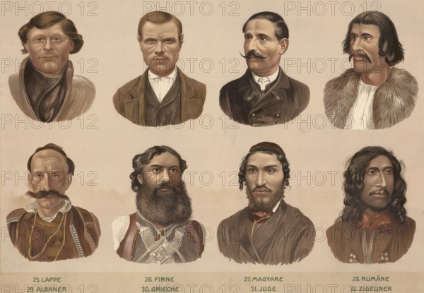 Schematic diagram, European ethnic types: Lappe, Finn, Magyars, Romanians, Albanians, Greek, Jew,